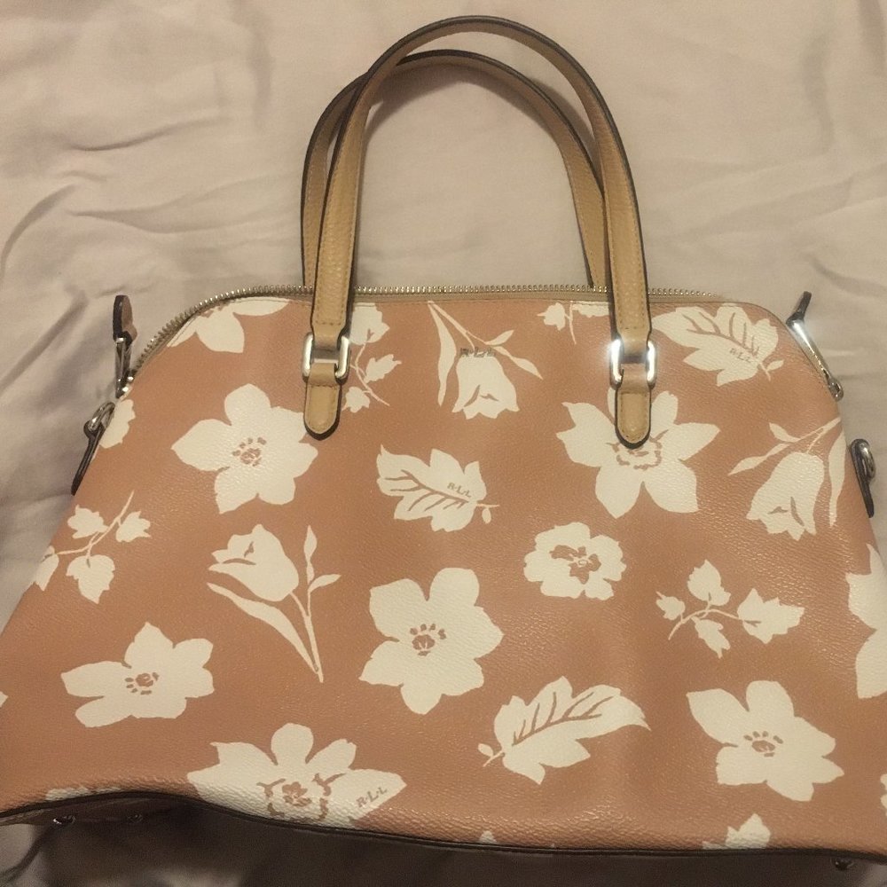 Lauren by Ralph Lauren floral print tan leather bowling style handbag